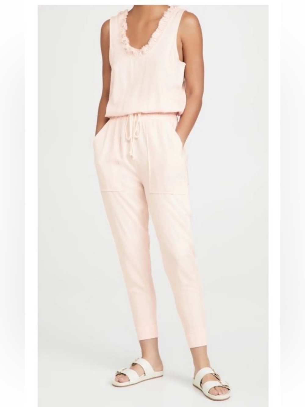 NEW! Ramy Brook Powder Pink Ray Jumpsuit Fringe Neckline Ankle Cuffs Size XS